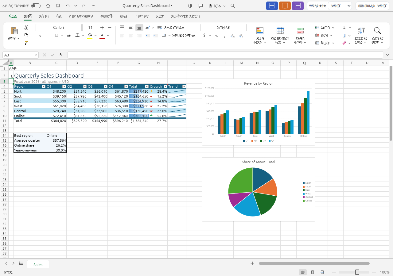 Sheets browser editor with Amharic interface controls